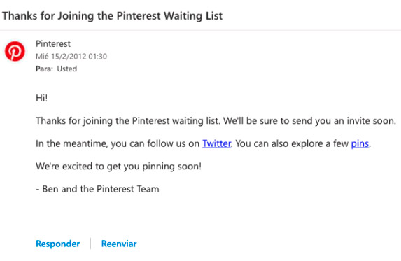 Pinterest Invitación a unirse a la plataforma a través de una lista de espera